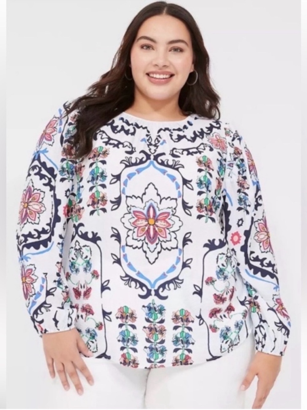 Lane Bryant White Floral Medallion Long-Sleeve Blouse
